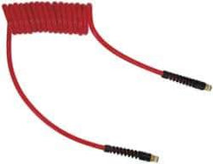 PRO-SOURCE - 5/16" ID, 3/8 Thread, 15' Long, Red Polyurethane Coiled & Self Storing Hose - 120 Max psi, Male Swivel x Male Swivel - Eagle Tool & Supply