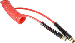 PRO-SOURCE - 3/16" ID, 1/4 Thread, 10' Long, Red Polyurethane Coiled & Self Storing Hose - 147 Max psi, Male Swivel x Male Swivel - Eagle Tool & Supply
