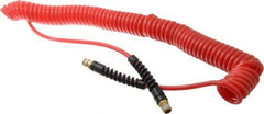 PRO-SOURCE - 3/16" ID, 1/4 Thread, 25' Long, Red Polyurethane Coiled & Self Storing Hose - 147 Max psi, Male Swivel x Male Swivel - Eagle Tool & Supply