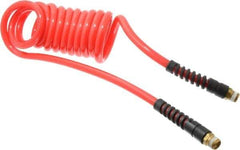 PRO-SOURCE - 3/8" ID, 3/8 Thread, 10' Long, Red Polyurethane Coiled & Self Storing Hose - 133 Max psi, Male Swivel x Male Swivel - Eagle Tool & Supply