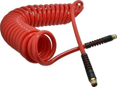PRO-SOURCE - 3/8" ID, 3/8 Thread, 25' Long, Red Polyurethane Coiled & Self Storing Hose - 133 Max psi, Male Swivel x Male Swivel - Eagle Tool & Supply