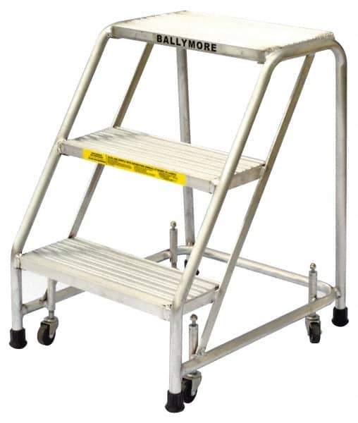 Ballymore - 28-1/2" 3 Step Ladder - Rolling Safety Ladder, 300 Lb Capacity, 28-1/2" Platform Height, 20" Base Width x 25" Base Depth, Solid Ribbed Tread - Eagle Tool & Supply