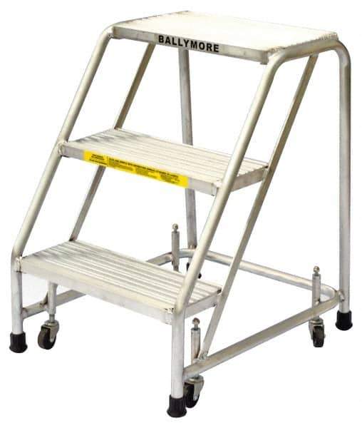 Ballymore - 28-1/2" 3 Step Ladder - Rolling Safety Ladder, 300 Lb Capacity, 28-1/2" Platform Height, 20" Base Width x 25" Base Depth, Heavy-Duty Serrated Grating - Eagle Tool & Supply