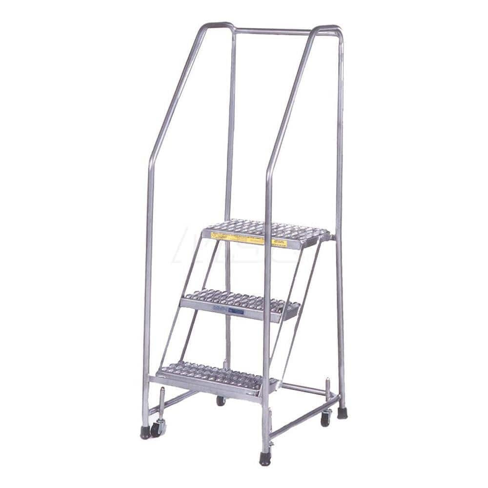 Aluminum Step Rolling Ladder: 66.5″ Platform, 350 lb Capacity, 7 Step, 30″ Base Grip Strut Tread, 24″ Platform Width, Assembled