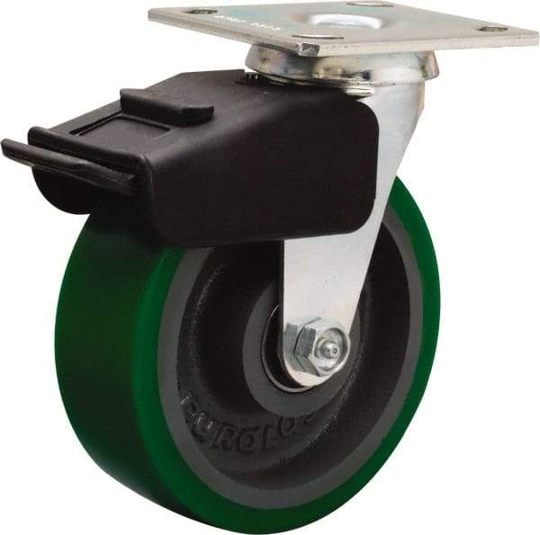 Hamilton - 6" Diam x 2" Wide x 7-1/2" OAH Top Plate Mount Swivel Caster - Polyurethane Mold onto Cast Iron Center, 850 Lb Capacity, Precision Ball Bearing, 4 x 4-1/2" Plate - Eagle Tool & Supply