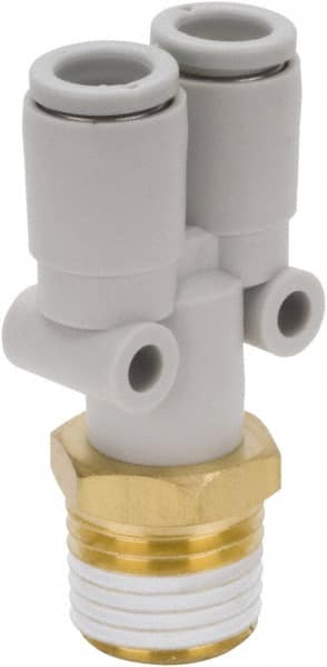 SMC PNEUMATICS - 10mm Outside Diam, 1/2 BSPT, Brass/Polybutylene Push-to-Connect Tube Male Y Connector - Eagle Tool & Supply
