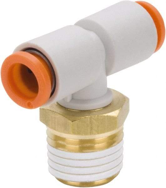 SMC PNEUMATICS - 5/16" Outside Diam, 1/4 NPT, Brass/Polybutylene Push-to-Connect Tube Male Branch Tee - 145 Max psi - Eagle Tool & Supply