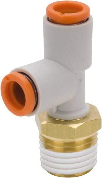 SMC PNEUMATICS - 3/16" Outside Diam, 1/8 NPT, Brass/Polybutylene Push-to-Connect Tube Male Run Tee - 145 Max psi - Eagle Tool & Supply