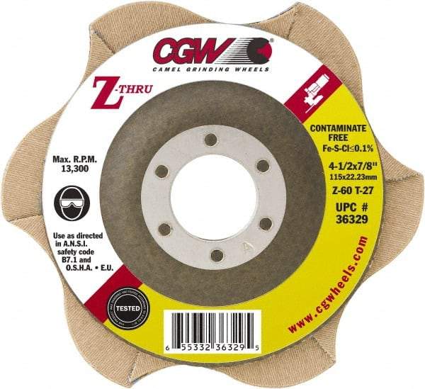 Camel Grinding Wheels - 80 Grit, 5" Disc Diam, 7/8" Center Hole, Type 27 Zirconia Alumina Flap Disc - 12,200 Max RPM, Poly Cotton Backing, Arbor Attaching System, Coated - Eagle Tool & Supply