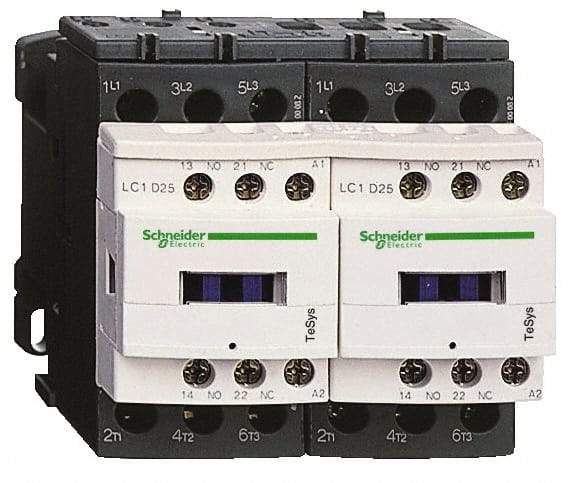 Schneider Electric - 3 Pole, 24 Coil VAC at 50/60 Hz, 12 Amp at 440 VAC, Reversible IEC Contactor - 1 Phase hp: 1 at 115 VAC, 2 at 230/240 VAC, 3 Phase hp: 10 at 575/600 VAC, 3 at 200/208 VAC, 3 at 230/240 VAC, 7.5 at 460/480 VAC - Eagle Tool & Supply