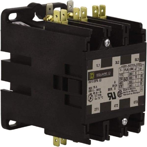 Square D - 3 Pole, 60 Amp Inductive Load, 24 Coil VAC at 50/60 Hz, Definite Purpose Contactor - Phase 1 and Phase 3 Hp:  10 at 230 VAC, 25 at 230 VAC, 30 at 460 VAC, 30 at 575 VAC, 5 at 115 VAC, 75 Amp Resistive Rating, CE, CSA, UL Listed - Eagle Tool & Supply