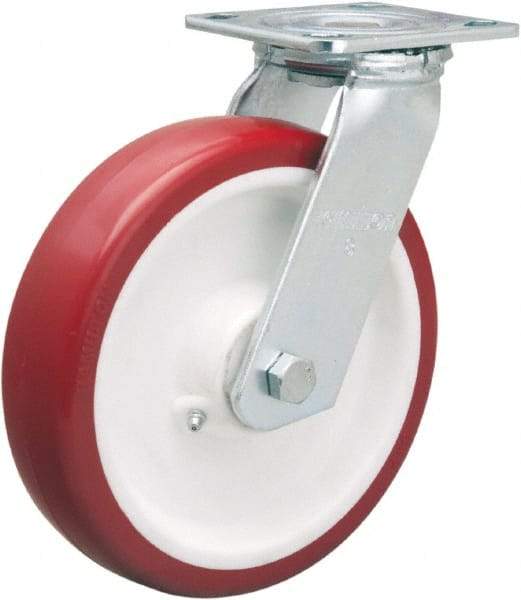 Hamilton - 8" Diam x 2" Wide x 9-1/2" OAH Top Plate Mount Swivel Caster - Polyurethane Mold on Polypropylene, 900 Lb Capacity, Straight Roller Bearing, 4 x 4-1/2" Plate - Eagle Tool & Supply