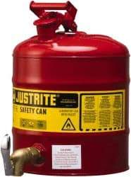 Justrite - 5 Gal Galvanized Steel Self-Closing, Self-Venting, Full-Length Flame Arrester with Bottom Faucet - 16-7/8" High x 11-3/4" Diam, Red with Yellow - Eagle Tool & Supply