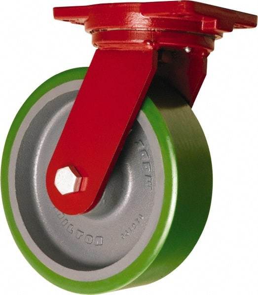 Hamilton - 10" Diam x 3" Wide x 12-1/2" OAH Top Plate Mount Swivel Caster - Polyurethane Mold onto Cast Iron Center, 3,000 Lb Capacity, Tapered Roller Bearing, 6-1/8 x 7-1/2" Plate - Eagle Tool & Supply