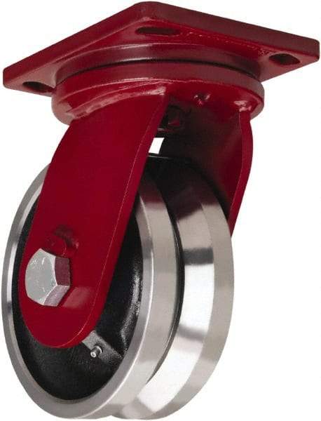 Hamilton - 8" Diam x 3" Wide, Iron Swivel Caster - 5,000 Lb Capacity, Top Plate Mount, 6-1/2" x 7-1/2" Plate, Straight Roller Bearing - Eagle Tool & Supply