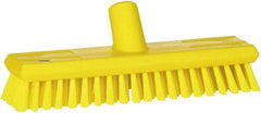 Vikan - 1.3" Bristle Length, Polyester Scrub Brush - 10-3/4" Long x 2-1/2" Wide Head, 11" OAL, European Threaded Handle, Yellow, Polypropylene Block - Eagle Tool & Supply