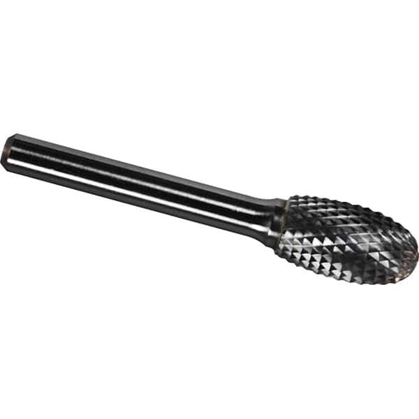 Made in USA - 5/8" Cut Diam, 1/4" Shank Diam, Oval Head Diamond Cut Burr - Carbide, 1" LOC, 2-3/4" OAL - Eagle Tool & Supply