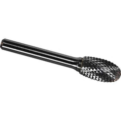 Made in USA - 3/8" Cut Diam, 1/4" Shank Diam, Oval Head Diamond Cut Burr - Carbide, 5/8" LOC, 2-3/8" OAL - Eagle Tool & Supply