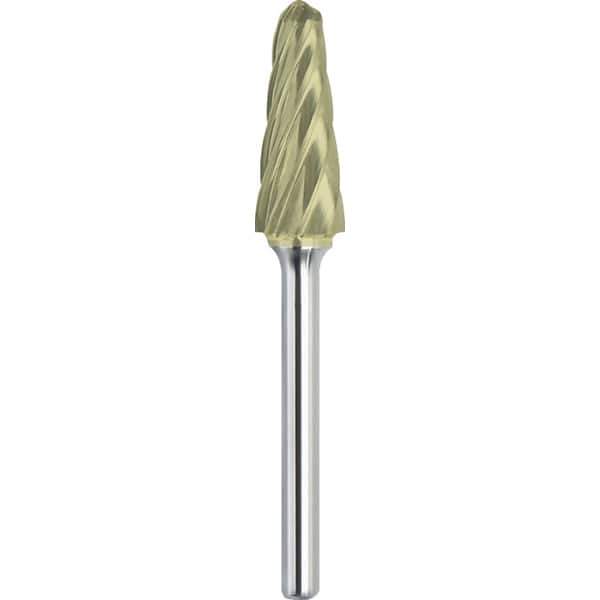 Made in USA - 3/4" Cut Diam, 1/4" Shank Diam, Cone Head Aluma Cut Burr - Carbide, 1-1/2" LOC, 3-1/4" OAL - Eagle Tool & Supply