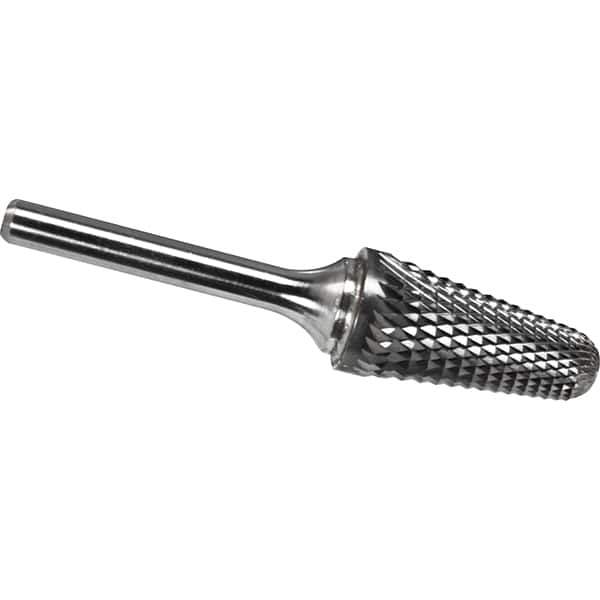 Made in USA - 5/8" Cut Diam, 1/4" Shank Diam, Cone Head Diamond Cut Burr - Carbide, 1-5/16" LOC, 3-1/16" OAL - Eagle Tool & Supply