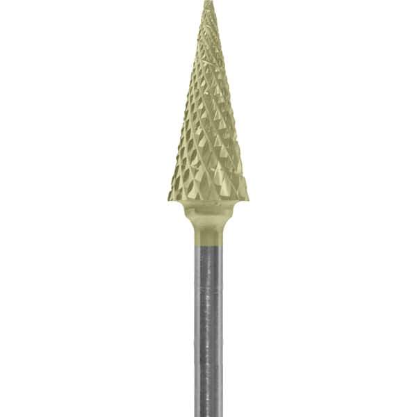 Made in USA - 1/4" Cut Diam, 0.0925" Shank Diam, Cone Head Diamond Cut Burr - Carbide, 5/8" LOC, 2" OAL - Eagle Tool & Supply