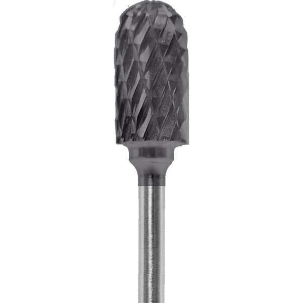 Made in USA - 1/4" Cut Diam, 0.0925" Shank Diam, Cylinder with Radius Head Diamond Cut Burr - Carbide, 1/2" LOC, 2" OAL - Eagle Tool & Supply