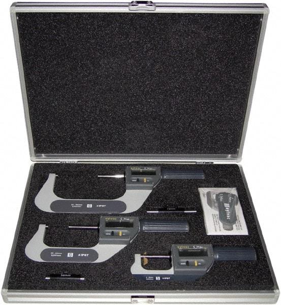 Fowler - 0 to 4" Range, 0.001mm Resolution, IP67, 3 Piece Electronic Outside Micrometer Sets - 0.005mm Accuracy, Ratchet Thimble, Carbide Measuring Face - Eagle Tool & Supply