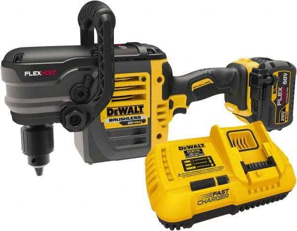 DeWALT - 60 Volt 1/2" Chuck Right Angle Handle Cordless Drill - 0-300 & 0-1200 RPM, Keyed Chuck, 1 Lithium-Ion Battery Included - Eagle Tool & Supply