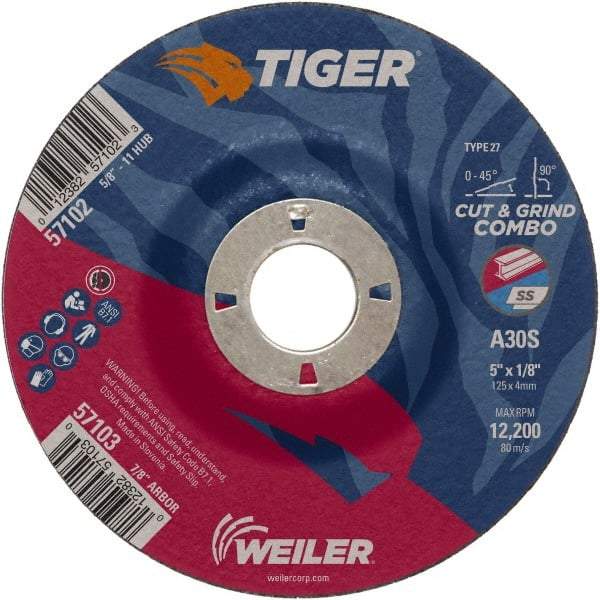 Weiler - 30 Grit, 5" Wheel Diam, 1/8" Wheel Thickness, 7/8" Arbor Hole, Type 27 Depressed Center Wheel - Medium Grade, Aluminum Oxide, Resinoid Bond, S Hardness, 12,200 Max RPM - Eagle Tool & Supply