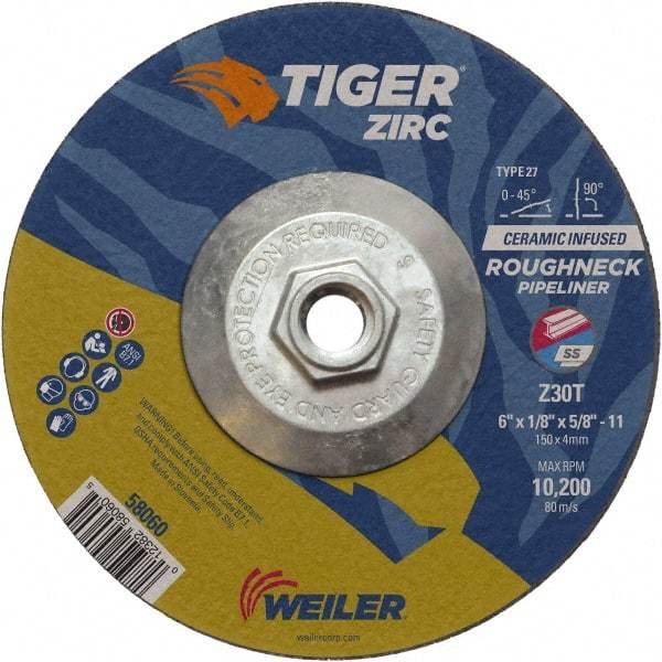 Weiler - 30 Grit, 6" Wheel Diam, 1/8" Wheel Thickness, Type 27 Depressed Center Wheel - Medium Grade, Zirconia Alumina, Resinoid Bond, T Hardness, 10,200 Max RPM - Eagle Tool & Supply