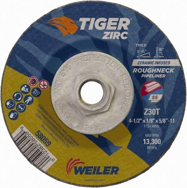 Weiler - 30 Grit, 4-1/2" Wheel Diam, 1/8" Wheel Thickness, Type 27 Depressed Center Wheel - Medium Grade, Zirconia Alumina, Resinoid Bond, T Hardness, 13,300 Max RPM - Eagle Tool & Supply