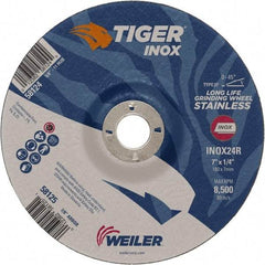 Weiler - 24 Grit, 7" Wheel Diam, 1/4" Wheel Thickness, 7/8" Arbor Hole, Type 27 Depressed Center Wheel - Coarse Grade, Aluminum Oxide, Resinoid Bond, R Hardness, 8,500 Max RPM - Eagle Tool & Supply