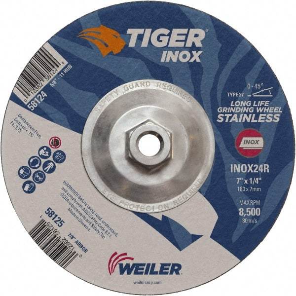 Weiler - 24 Grit, 7" Wheel Diam, 1/4" Wheel Thickness, Type 27 Depressed Center Wheel - Coarse Grade, Aluminum Oxide, Resinoid Bond, R Hardness, 8,500 Max RPM - Eagle Tool & Supply