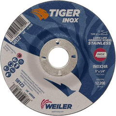 Weiler - 24 Grit, 5" Wheel Diam, 1/4" Wheel Thickness, 7/8" Arbor Hole, Type 27 Depressed Center Wheel - Coarse Grade, Aluminum Oxide, Resinoid Bond, R Hardness, 12,200 Max RPM - Eagle Tool & Supply