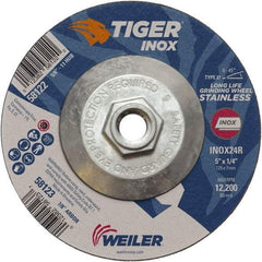 Weiler - 24 Grit, 5" Wheel Diam, 1/4" Wheel Thickness, Type 27 Depressed Center Wheel - Coarse Grade, Aluminum Oxide, Resinoid Bond, R Hardness, 12,200 Max RPM - Eagle Tool & Supply