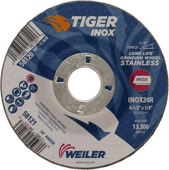 Weiler - 24 Grit, 4-1/2" Wheel Diam, 1/4" Wheel Thickness, 7/8" Arbor Hole, Type 27 Depressed Center Wheel - Coarse Grade, Aluminum Oxide, Resinoid Bond, R Hardness, 13,300 Max RPM - Eagle Tool & Supply