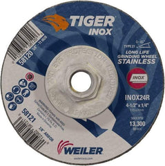 Weiler - 24 Grit, 4-1/2" Wheel Diam, 1/4" Wheel Thickness, Type 27 Depressed Center Wheel - Coarse Grade, Aluminum Oxide, Resinoid Bond, R Hardness, 13,300 Max RPM - Eagle Tool & Supply