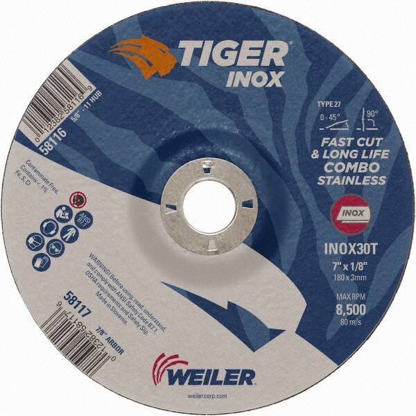 Weiler - 30 Grit, 7" Wheel Diam, 1/8" Wheel Thickness, 7/8" Arbor Hole, Type 27 Depressed Center Wheel - Medium Grade, Aluminum Oxide, Resinoid Bond, T Hardness, 8,500 Max RPM - Eagle Tool & Supply