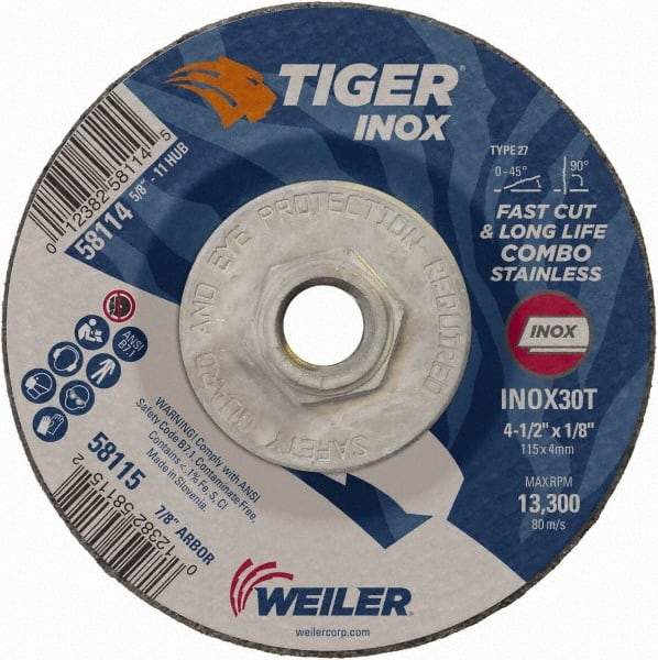 Weiler - 30 Grit, 4-1/2" Wheel Diam, 1/8" Wheel Thickness, Type 27 Depressed Center Wheel - Medium Grade, Aluminum Oxide, Resinoid Bond, T Hardness, 13,300 Max RPM - Eagle Tool & Supply