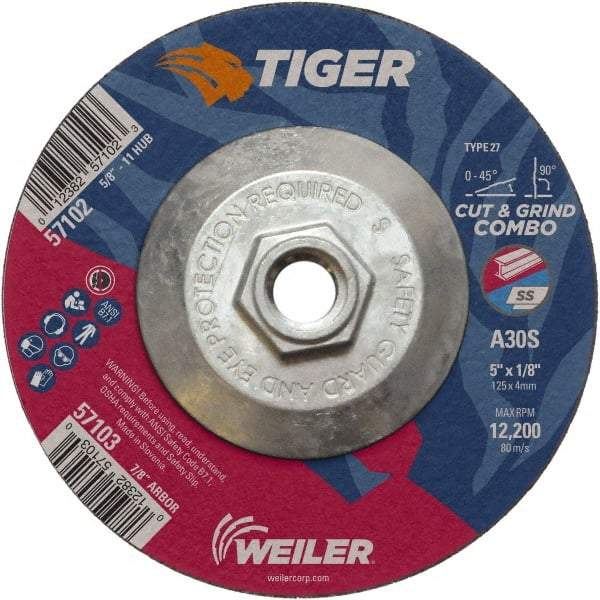 Weiler - 30 Grit, 5" Wheel Diam, 1/8" Wheel Thickness, Type 27 Depressed Center Wheel - Medium Grade, Aluminum Oxide, Resinoid Bond, S Hardness, 12,200 Max RPM - Eagle Tool & Supply