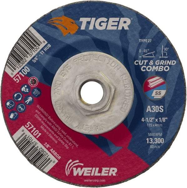 Weiler - 30 Grit, 4-1/2" Wheel Diam, 1/8" Wheel Thickness, Type 27 Depressed Center Wheel - Medium Grade, Aluminum Oxide, Resinoid Bond, S Hardness, 13,300 Max RPM - Eagle Tool & Supply