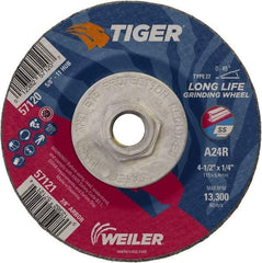 Weiler - 24 Grit, 4-1/2" Wheel Diam, 1/4" Wheel Thickness, Type 27 Depressed Center Wheel - Coarse Grade, Aluminum Oxide, Resinoid Bond, R Hardness, 13,300 Max RPM - Eagle Tool & Supply