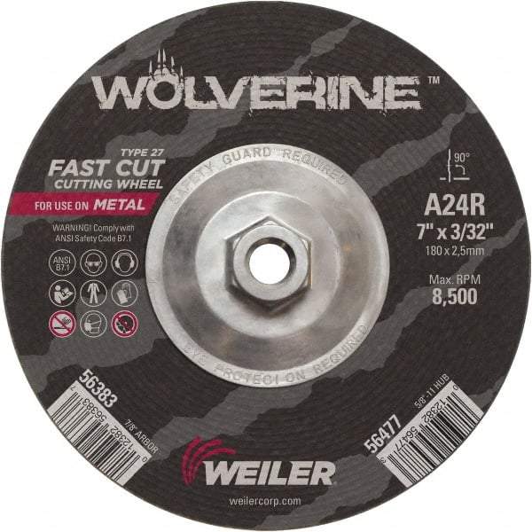 Weiler - 24 Grit, 7" Wheel Diam, 3/32" Wheel Thickness, Type 27 Depressed Center Wheel - Coarse Grade, Aluminum Oxide, Resinoid Bond, R Hardness, 8,500 Max RPM - Eagle Tool & Supply
