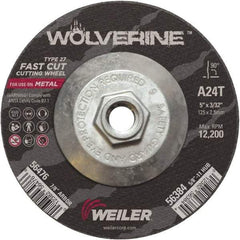 Weiler - 24 Grit, 5" Wheel Diam, 3/32" Wheel Thickness, Type 27 Depressed Center Wheel - Coarse Grade, Aluminum Oxide, Resinoid Bond, T Hardness, 12,200 Max RPM - Eagle Tool & Supply