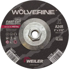 Weiler - 24 Grit, 6" Wheel Diam, 3/32" Wheel Thickness, Type 27 Depressed Center Wheel - Coarse Grade, Aluminum Oxide, Resinoid Bond, R Hardness, 10,200 Max RPM - Eagle Tool & Supply
