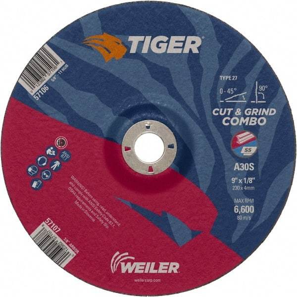 Weiler - 30 Grit, 9" Wheel Diam, 1/8" Wheel Thickness, 7/8" Arbor Hole, Type 27 Depressed Center Wheel - Medium Grade, Aluminum Oxide, Resinoid Bond, S Hardness, 6,600 Max RPM - Eagle Tool & Supply