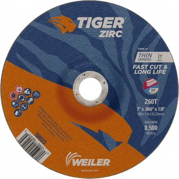 Weiler - 60 Grit, 7" Wheel Diam, 7/8" Arbor Hole, Type 27 Depressed Center Wheel - Medium Grade, Zirconia Alumina, Resinoid Bond, T Hardness, 8,500 Max RPM - Eagle Tool & Supply