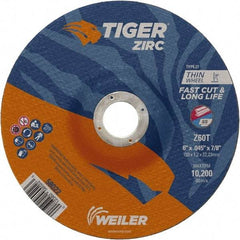 Weiler - 60 Grit, 6" Wheel Diam, 7/8" Arbor Hole, Type 27 Depressed Center Wheel - Medium Grade, Zirconia Alumina, Resinoid Bond, T Hardness, 10,200 Max RPM - Eagle Tool & Supply