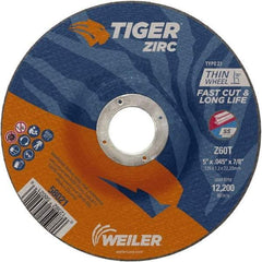 Weiler - 60 Grit, 5" Wheel Diam, 7/8" Arbor Hole, Type 27 Depressed Center Wheel - Medium Grade, Zirconia Alumina, Resinoid Bond, T Hardness, 12,200 Max RPM - Eagle Tool & Supply