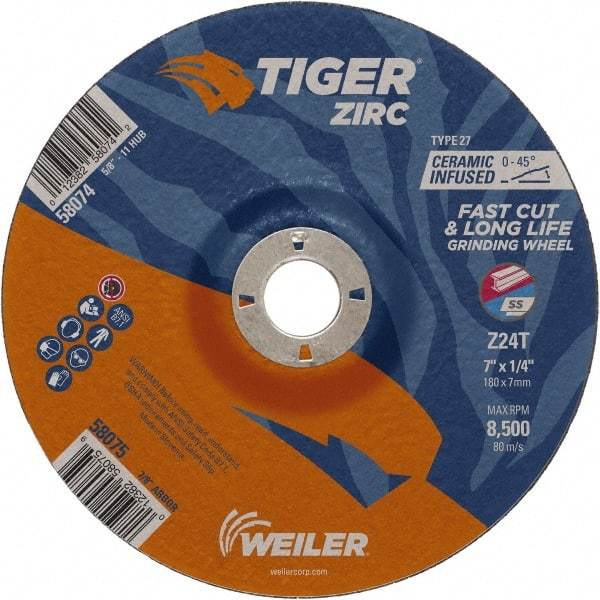 Weiler - 24 Grit, 7" Wheel Diam, 1/4" Wheel Thickness, 7/8" Arbor Hole, Type 27 Depressed Center Wheel - Coarse Grade, Zirconia Alumina, Resinoid Bond, T Hardness, 8,500 Max RPM - Eagle Tool & Supply
